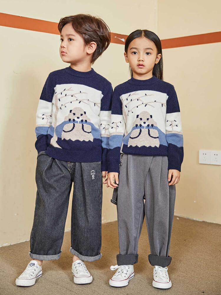 (image for) Kids Cozy Animal Otter and Tree Knit Cashmere Crewneck Pullover